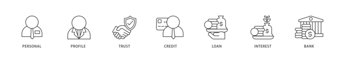 Microcredit icons set collection illustration of personal, profile, trust, credit, loan, interest and bank icon live stroke and easy to edit 
