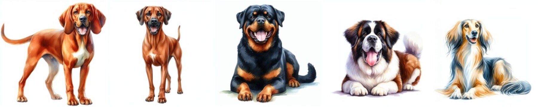 Watercolor Collection of Full-Body Dog Portraits on White Background. Set 24 from letft to right: Redbone Coonhound, Rhodesian Ridgeback, Rottweiler, Saint Bernard, Saluki