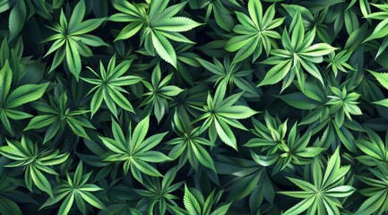 Lush green cannabis leaves pattern on a dark background, ideal for use in wellness and natural medicine