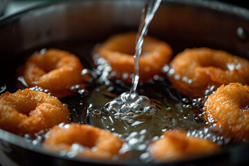 deep fry in pure oil in white fry pan filled with oil bubble coming from frying from the pan in modern kitchen background.