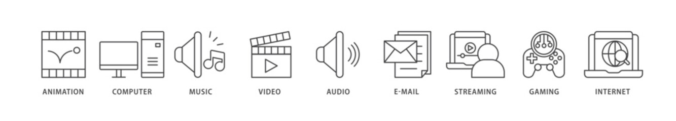 Multimedia icons set collection illustration of e mail, video, audio, internet, streaming, gaming, music, computer, animation icon live stroke and easy to edit 