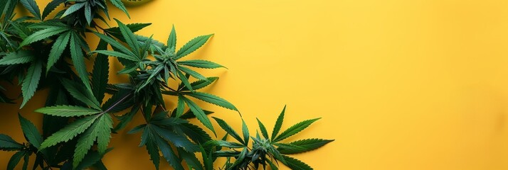 Cannabis plant leaves against a vivid yellow background with ample copy space
