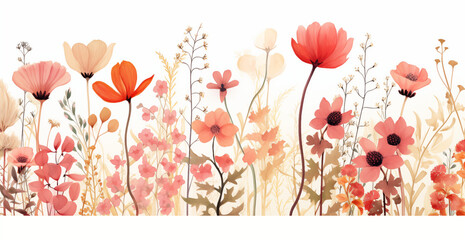 wildflowers in red pink and coral on a white background