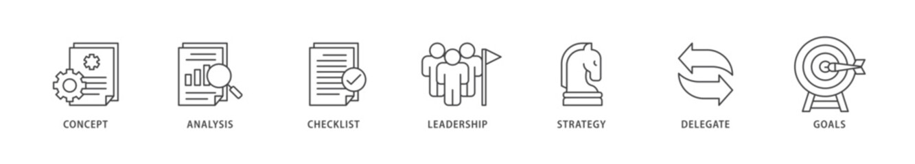 Planning icons set collection illustration of concept, analysis, checklist, leadership, strategy, delegate and goals icon live stroke and easy to edit 