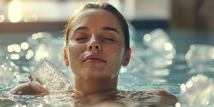 An image of a lady  ice bathing in chilly water with ice cubes around him depicts the notion of cold treatment and serenity closed eyes and space, Generative AI.