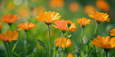 A Beautiful orange color calendula flowers among nature with a big space for text or product background, Generative AI.
