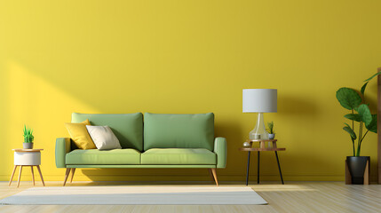 modern living room boasts a chic pale  yellow  wall, elegant sofa, and contemporary decor accents
