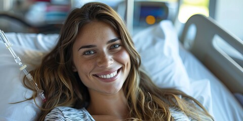 smiling woman lying in a hospital bed with an IV drip in the background, conveying a sense of recovery and optimism