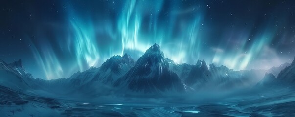 Naklejka premium Blue Aurora Borealis over Rocky Mountains. Magical Northern Lights Background with copy-space.