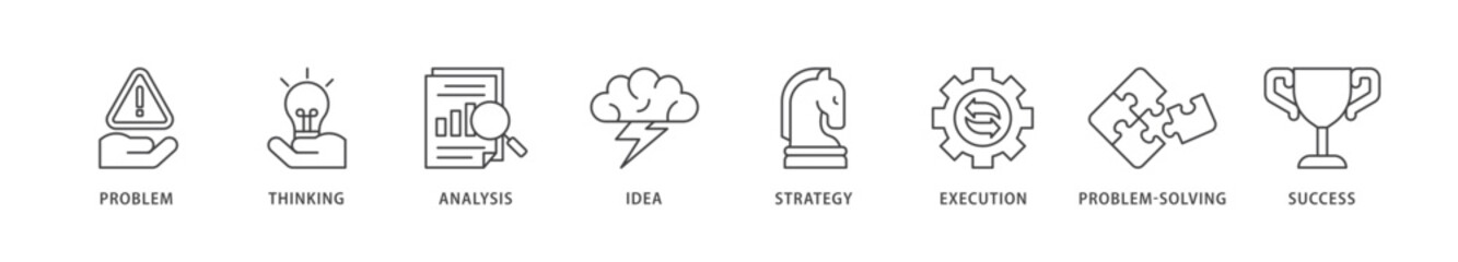 Solution icons set collection illustration of problem, thinking, analysis, idea, strategy, execution, problem solving, success icon live stroke and easy to edit 