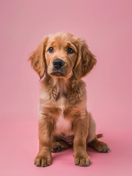 Cute Golden Retriever puppy sitting on a pink background, studio shot, full body