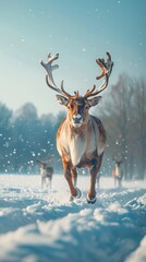 Reindeer running in snowy field under sky