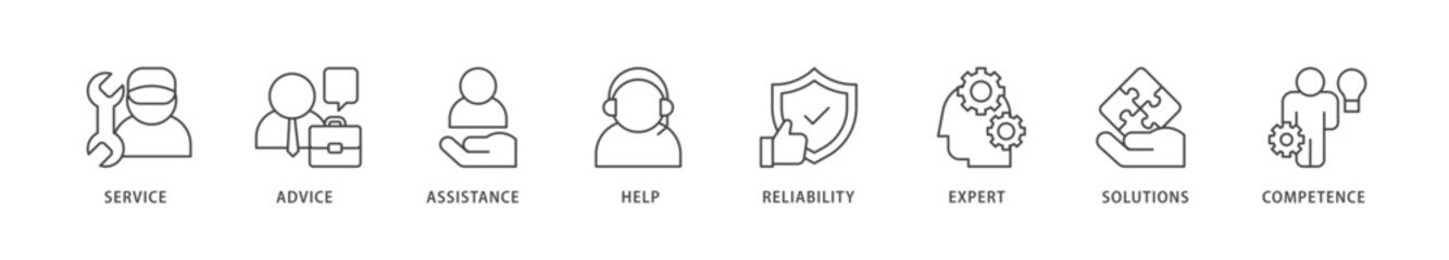 Support icons set collection illustration of service, advice, assistance, help, reliability, expert, solutions and competence icon live stroke and easy to edit 
