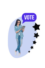 Vertical photo collage of serious citizen girl hold ipad surf online vote election service agitation choice isolated on painted background