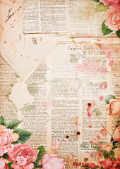 antique vintage old retro paper with vintage flowers bouquet watercolor and pieces of newspaper with old paper background