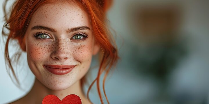 smiling redhead woman with green eyes holding a red paper heart while looking at camera against blurred white background