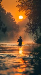 Fly fisherman fishing on river at sunset