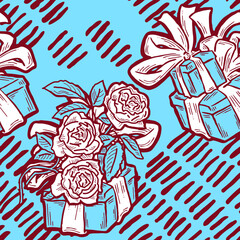 Gift box, ribbon and flowers seamless vector pattern for wrapping present with bow, party celebration, sale promotion, Textile print, fabric design, banner background. Hand drawn style illustration.