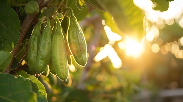 A close shot of Carob tree with fresh green Carobs among nature with a big blurry green backdrop for text or product advertisement background, Generative AI.