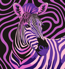 a zebra is standing in front of a purple and black background
