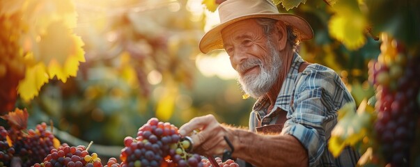 Man harvesting grapes with tool in farm - Powered by Adobe