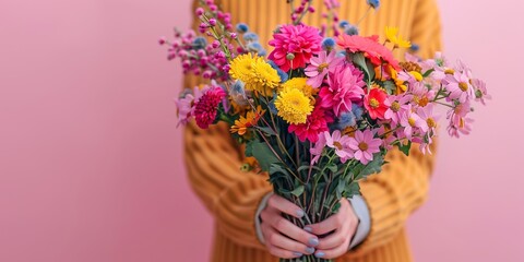 Crop anonymous person demonstrating bunch of colorful flowers against pink background.