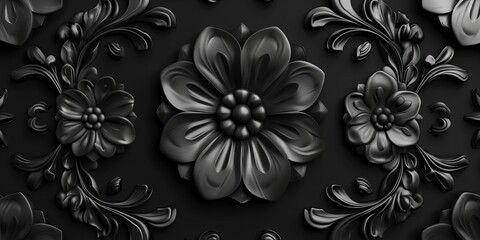 Intricate Dark Ornate Pattern Wallpaper. Black 3D Rosette Background.