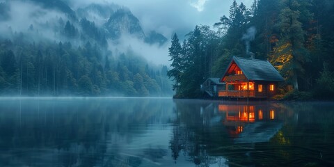 Fototapeta premium Illuminated Wooden house in the forest on a calm reflecting lake with the foggy mountains in the background at dusk