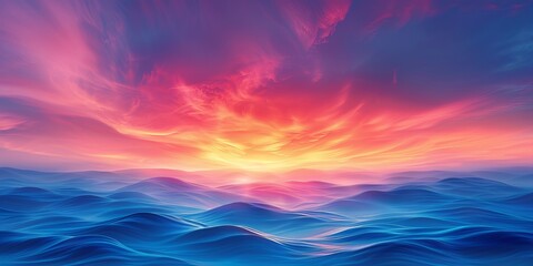 abstract background with blue undulating sea under a bright colored sunset sky