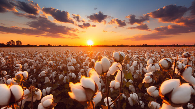 cotton field at sunset, warm golden hour light 