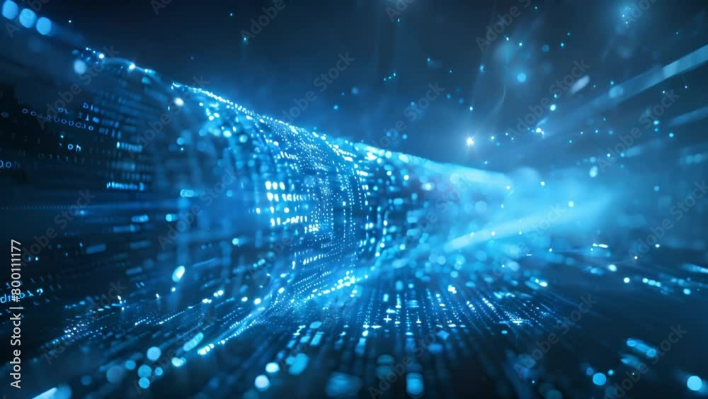 Poster abstract data stream in blue with digital binary code and light flares