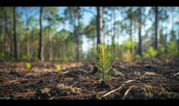 A seedling longleaf pine grows in a clearing among a managed longleaf pine forest in Francis Marion National Forest, South Carolina