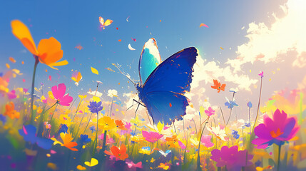 A butterfly wakes up from the cold winter and dances. It flies in the sea of spring flowers, with colorful flowers and verdant grass in the background.