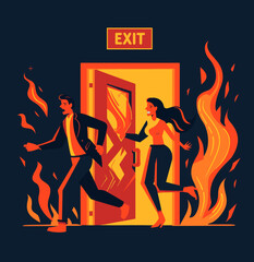 a man and a woman running out of a fire exit - obrazy, fototapety, plakaty