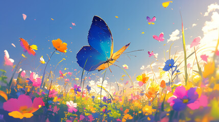 A butterfly wakes up from the cold winter and dances. It flies in the sea of spring flowers, with colorful flowers and verdant grass in the background.