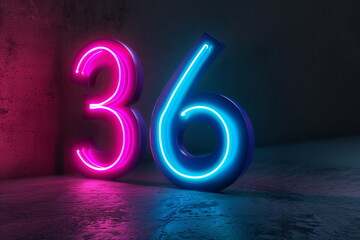 Glowing neon sign of number thirty-six. Symbol 36 isolated on dark background	
