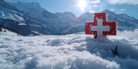 white cross on red swiss flag in the snowy mountains