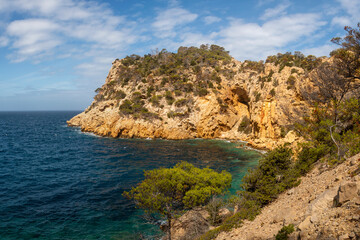 Fototapeta premium Cap Gross small coves near Cala Salada, Sant Antoni de Portmany, Ibiza, Balearic Islands, Spain