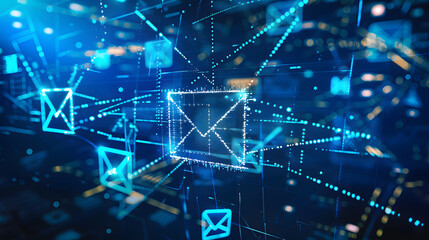 Glowing email icons on blue background.Futuristic Digital Data Network: A Visualization of Interconnected Information
