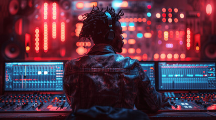 African American man with short dreadlocks in a recording studio, neon light, music recording, creativity, Generative AI.
