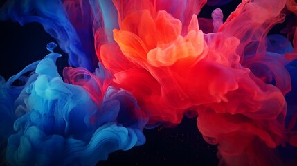  Dive into a mesmerizing display of swirling acrylic blue and red colors dancing in water, forming intricate ink blots against an abstract black background, all captured in stunning HD clarity 
