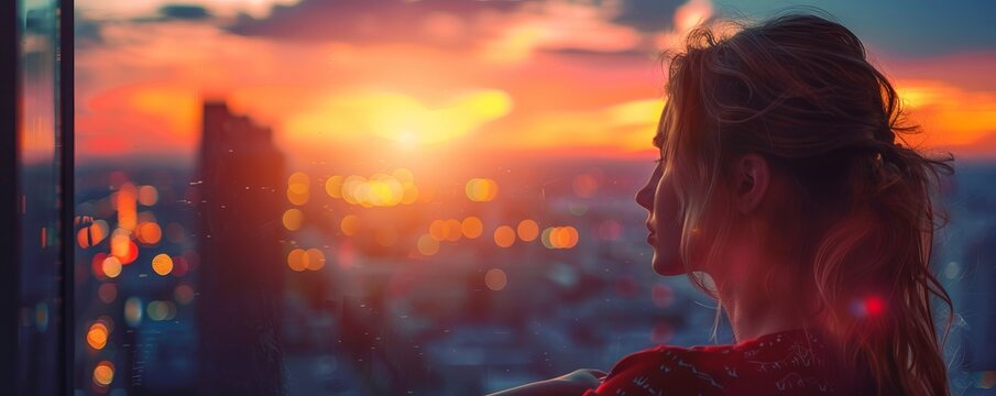 Woman contemplating cityscape through a window at sunset