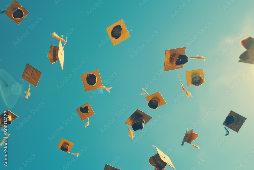 Wall mural yellow graduate mortarboard square academic hats or caps in the air, thrown by graduates to the blue sky on sunny graduation day ceremony