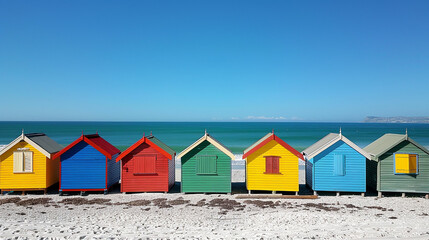 A colorful collection of beach huts lining the shore against a cloudless sky.