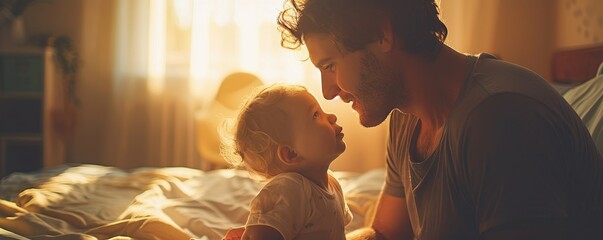Young father and son showing affection to the new family addition in the bedroom at home