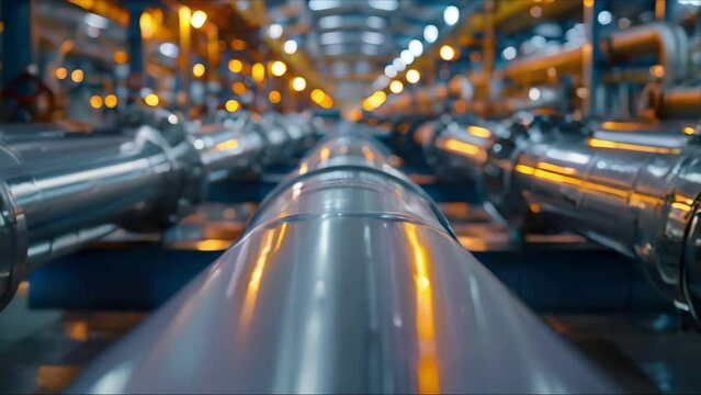 Industrial Symphony: Gleaming Pipes in a High-Tech Facility. Concept Industrial Photography, Technology, Manufacturing, Factory, Industrial Aesthetics