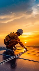 Fototapeta premium male worker in protective helmet and uniform working on roof with solar panels against sunset sky