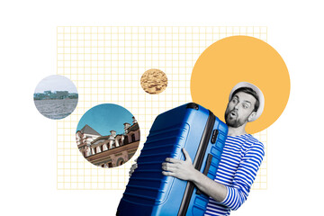 Composite photo collage of astonished guy carry huge suitcase relocation new town tourist move sand sea rest isolated on painted background