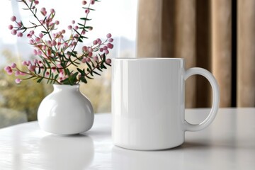 White Blank Mug Mockup in Photographic Scene created with Generative AI
