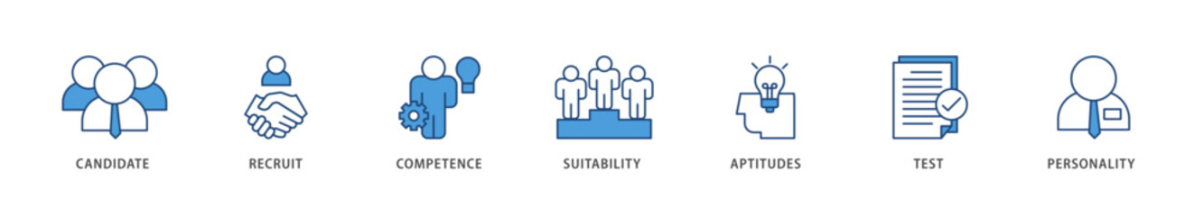 Assessment icons set collection illustration of user candidate, recruit, competence, suitability, aptitudes, test and personality icon live stroke and easy to edit 